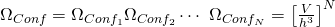 \Omega_{Conf} = \Omega_{Conf_{1}} \Omega_{Conf_{2}} \cdots\ \Omega_{Conf_{N}} =  \left[\frac {V} {h^3} \right]^N
