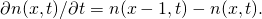 \[ \partial n(x,t)/\partial t = n(x-1,t) - n(x,t). \]