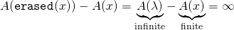 \[A(\mathtt{erased}(x)) - A(x) = \underbrace{A(\lambda)}_\text{infinite} - \underbrace{A(x)}_\text{finite} = \infty\]