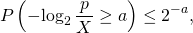 \[P\left(-\!\log_2 \frac{p}{X} \geq a\right) \leq 2^{-a},\]