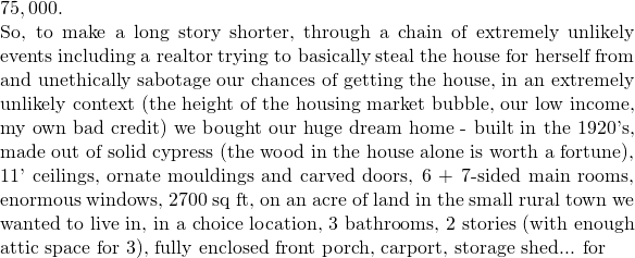 75,000.   So, to make a long story shorter, through a chain of extremely unlikely events including a realtor trying to basically steal the house for herself from and unethically sabotage our chances of getting the house, in an extremely unlikely context (the height of the housing market bubble, our low income, my own bad credit) we bought our huge dream home - built in the 1920's, made out of solid cypress (the wood in the house alone is worth a fortune), 11' ceilings, ornate mouldings and carved doors, 6 + 7-sided main rooms, enormous windows, 2700 sq ft, on an acre of land in the small rural town we wanted to live in, in a choice location, 3 bathrooms, 2 stories (with enough attic space for 3), fully enclosed front porch, carport, storage shed... for