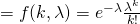 =\huge f(k,\lambda ) = e^{-\lambda }\frac{\lambda^k }{k!}