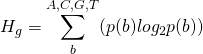 \begin{equation*} H_g = \sum_{b}^{A,C,G,T}(p(b)log_{2}p(b)) \end{equation*}